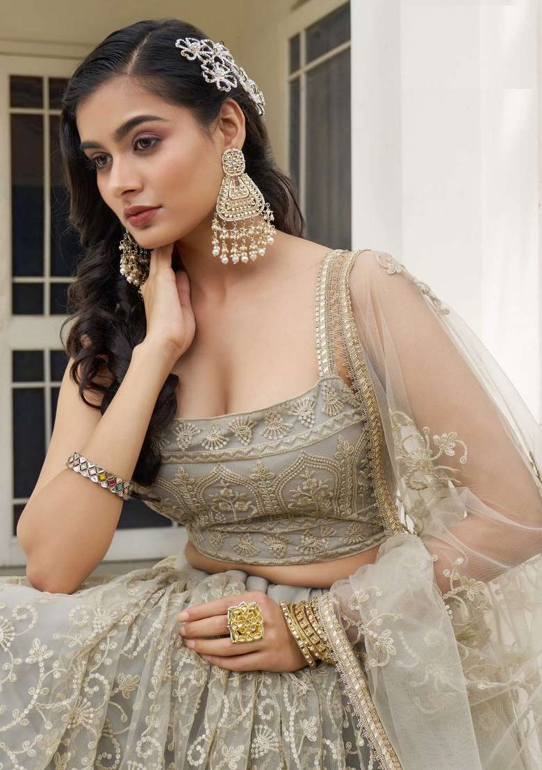 Grey Net Lehenga Set with Thread Work for Diwali | Wedding & Festive Wear - Indya