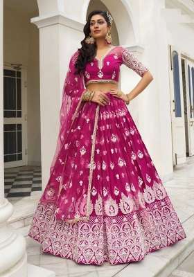 Pink Thread Work Net Lehenga Set for Diwali and Festive Wear