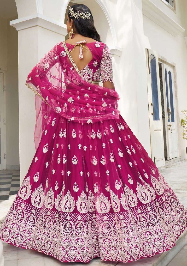 Pink Thread Work Net Lehenga Set for Diwali and Festive Wear - Indya