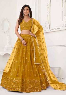Mustard Thread Work Net Lehenga Set for Diwali and Festive Wear