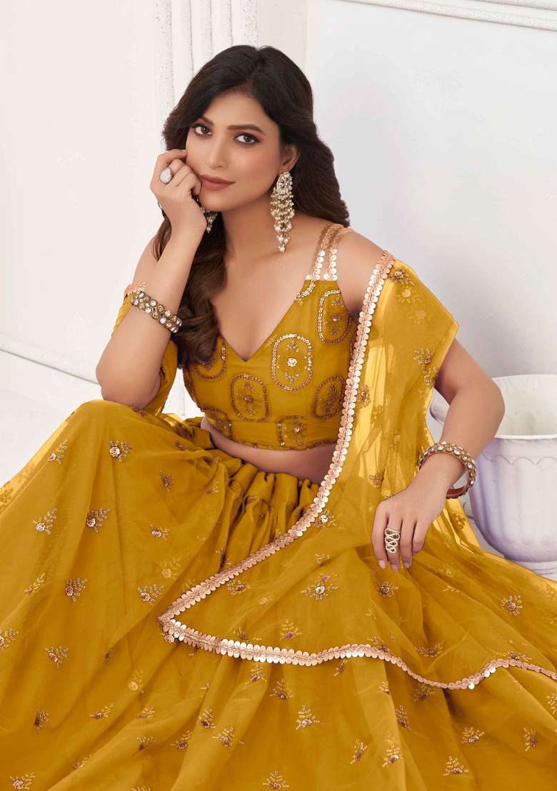 Mustard Thread Work Net Lehenga Set for Diwali and Festive Wear - Indya
