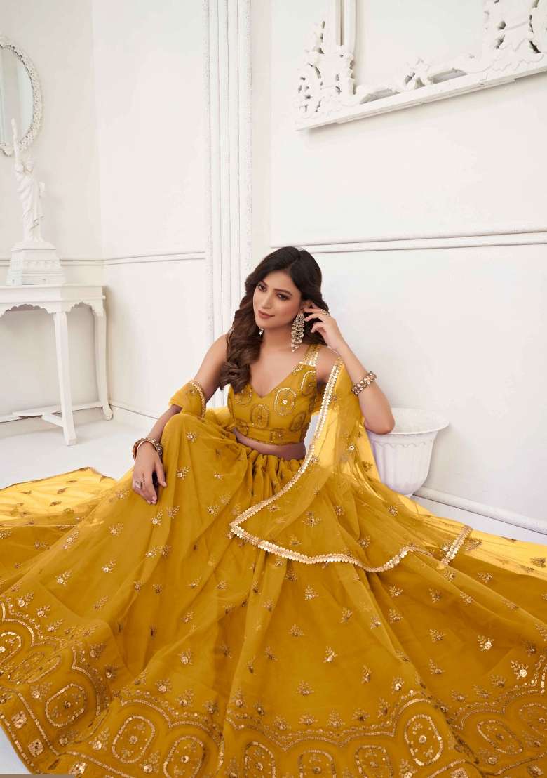 Mustard Thread Work Net Lehenga Set for Diwali and Festive Wear - Indya