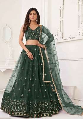 Green Thread Work Net Lehenga Set for Diwali and Festive Wear