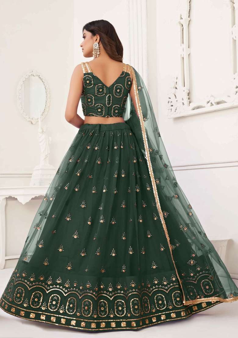 Green Thread Work Net Lehenga Set for Diwali and Festive Wear - Indya