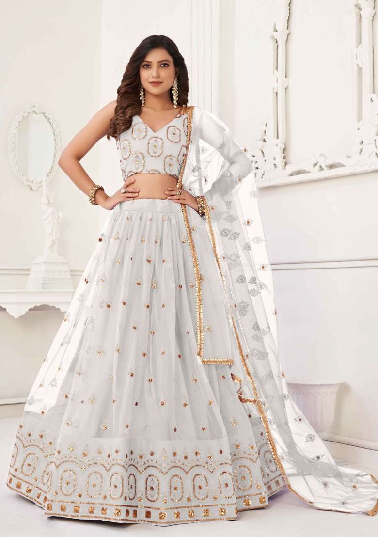 White Net Lehenga Set with Thread Work for Diwali | Wedding & Festive Wear - Indya