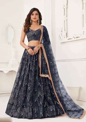 Black Thread Work Net Lehenga Set for Diwali and Festive Wear