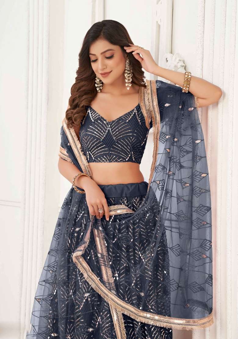Black Thread Work Net Lehenga Set for Diwali and Festive Wear - Indya