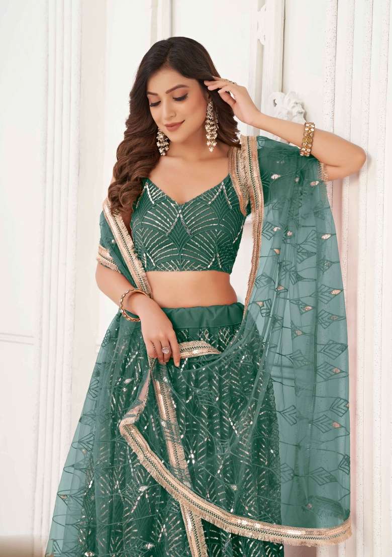 Green Net Lehenga Set with Thread Work for Diwali | Wedding & Festive Wear - Indya
