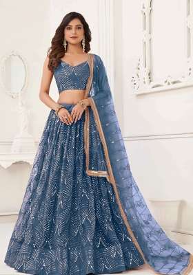 Blue Thread Work Net Lehenga Set for Diwali and Festive Wear