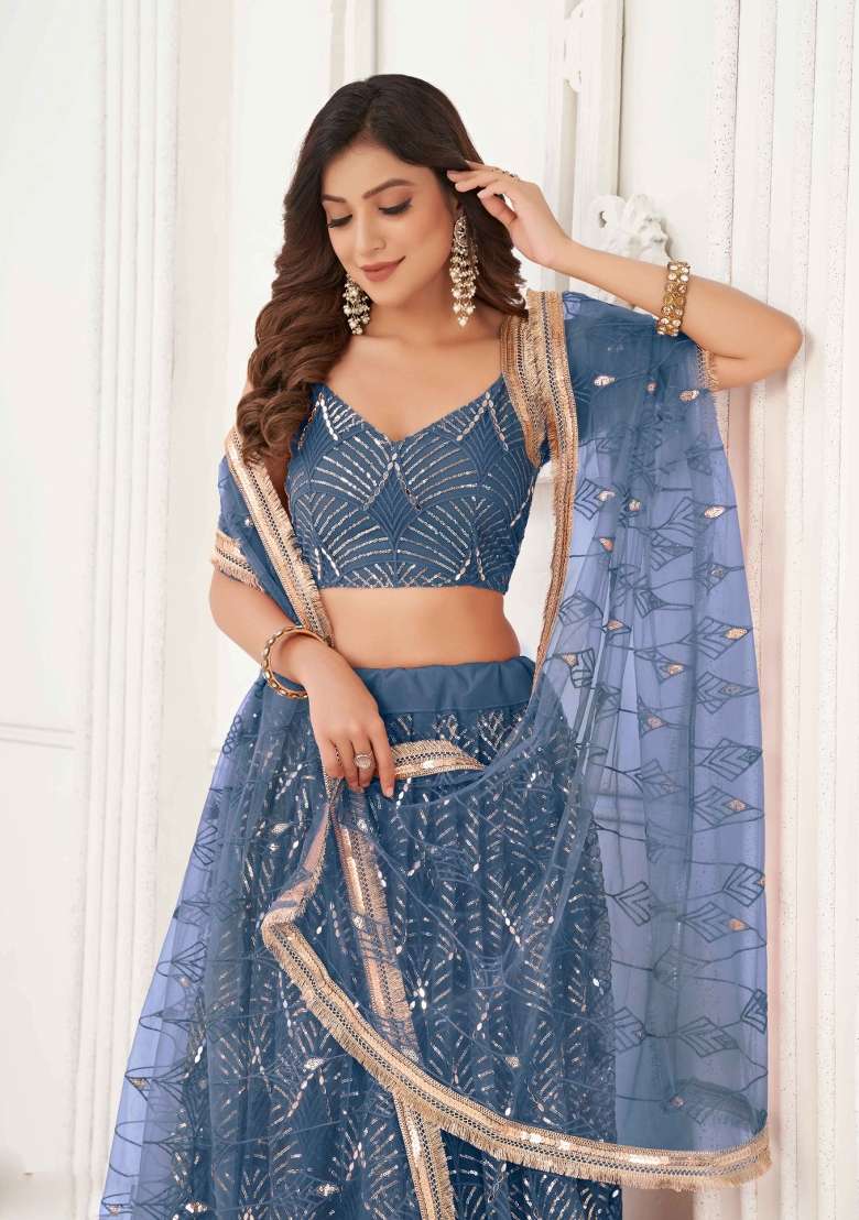 Blue Thread Work Net Lehenga Set for Diwali and Festive Wear - Indya