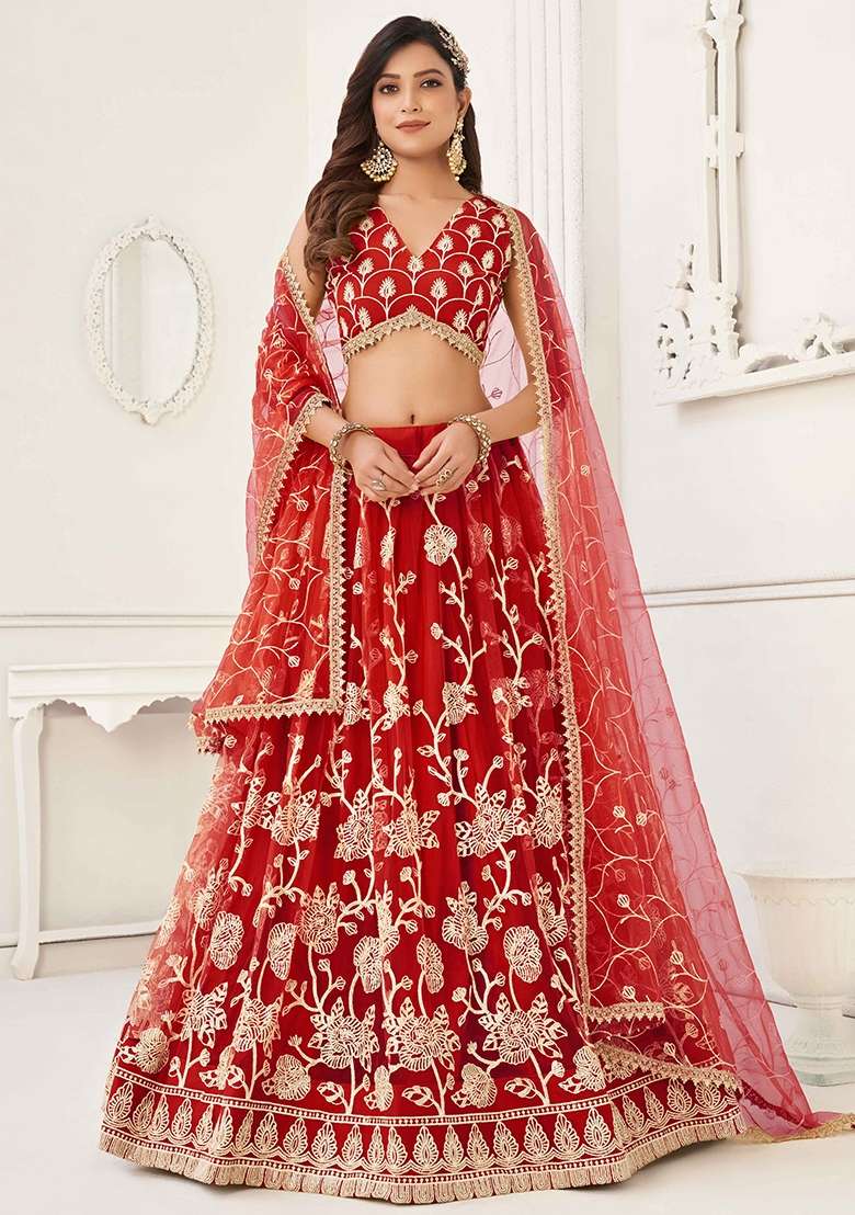 Red Net Lehenga Set with Thread Work for Diwali | Wedding & Festive Wear - Indya