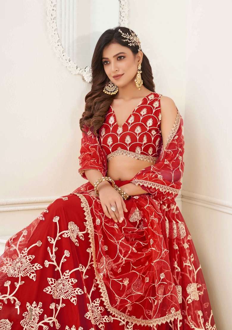 Red Net Lehenga Set with Thread Work for Diwali | Wedding & Festive Wear - Indya