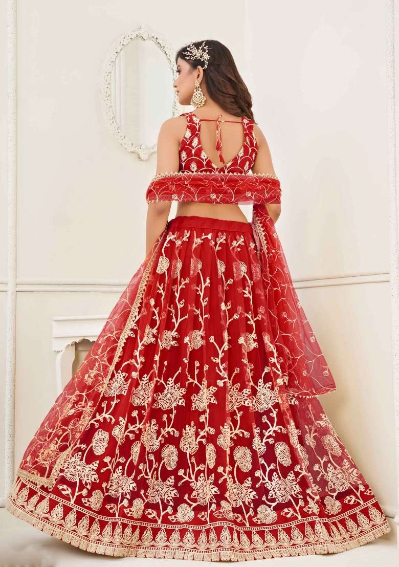 Red Net Lehenga Set with Thread Work for Diwali | Wedding & Festive Wear - Indya