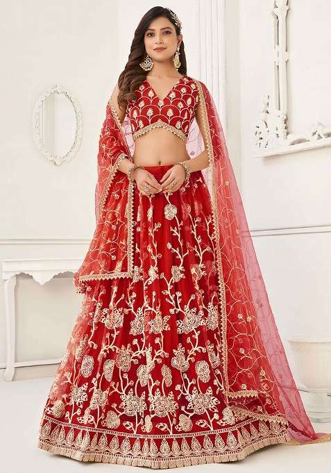 Red Net Lehenga Set with Thread Work for Diwali | Wedding & Festive Wear