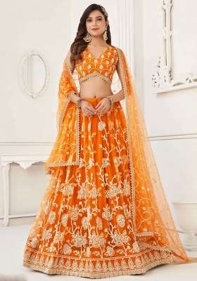 Mustard Thread Work Net Lehenga Set for Diwali and Festive Wear