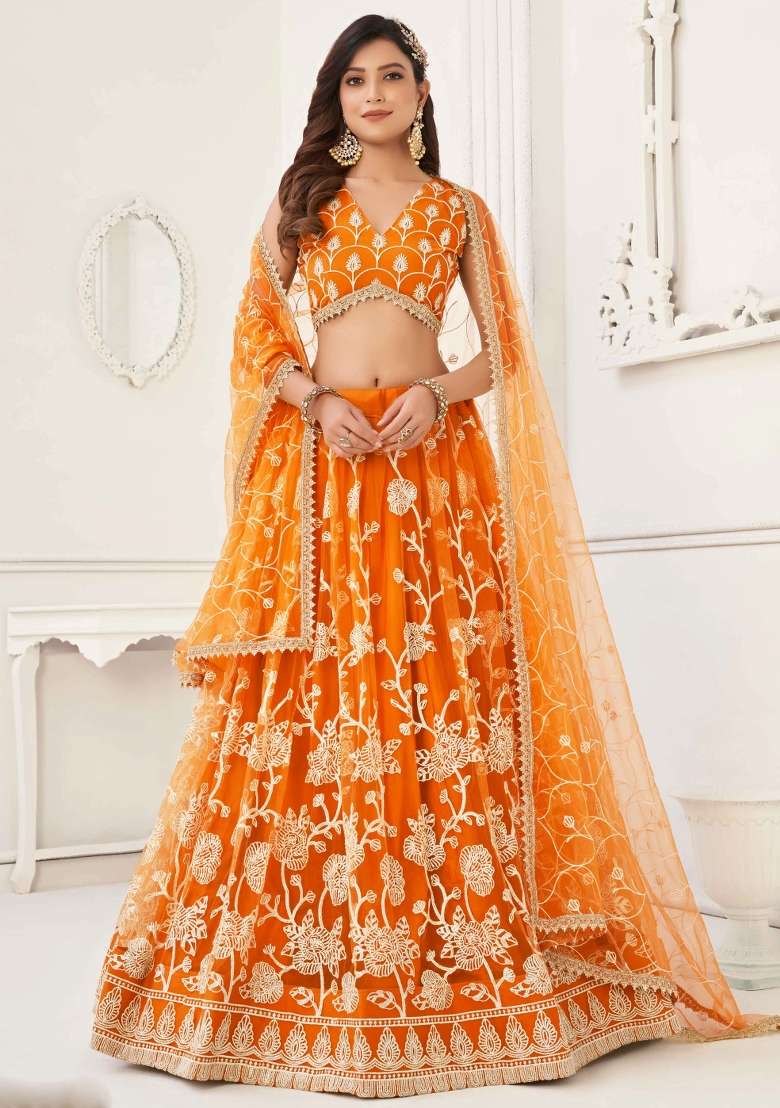 Mustard Thread Work Net Lehenga Set for Diwali and Festive Wear - Indya
