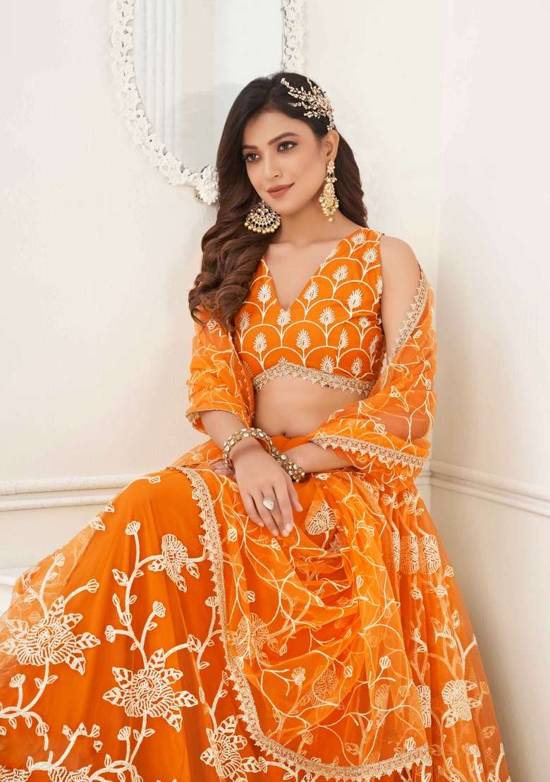 Mustard Thread Work Net Lehenga Set for Diwali and Festive Wear - Indya