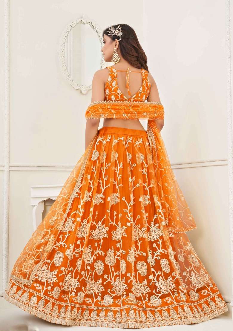 Mustard Thread Work Net Lehenga Set for Diwali and Festive Wear - Indya