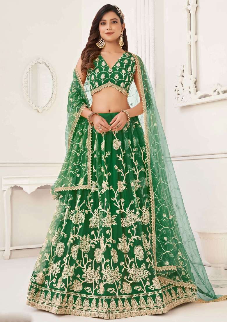 Green Thread Work Net Lehenga Set for Diwali and Festive Wear - Indya
