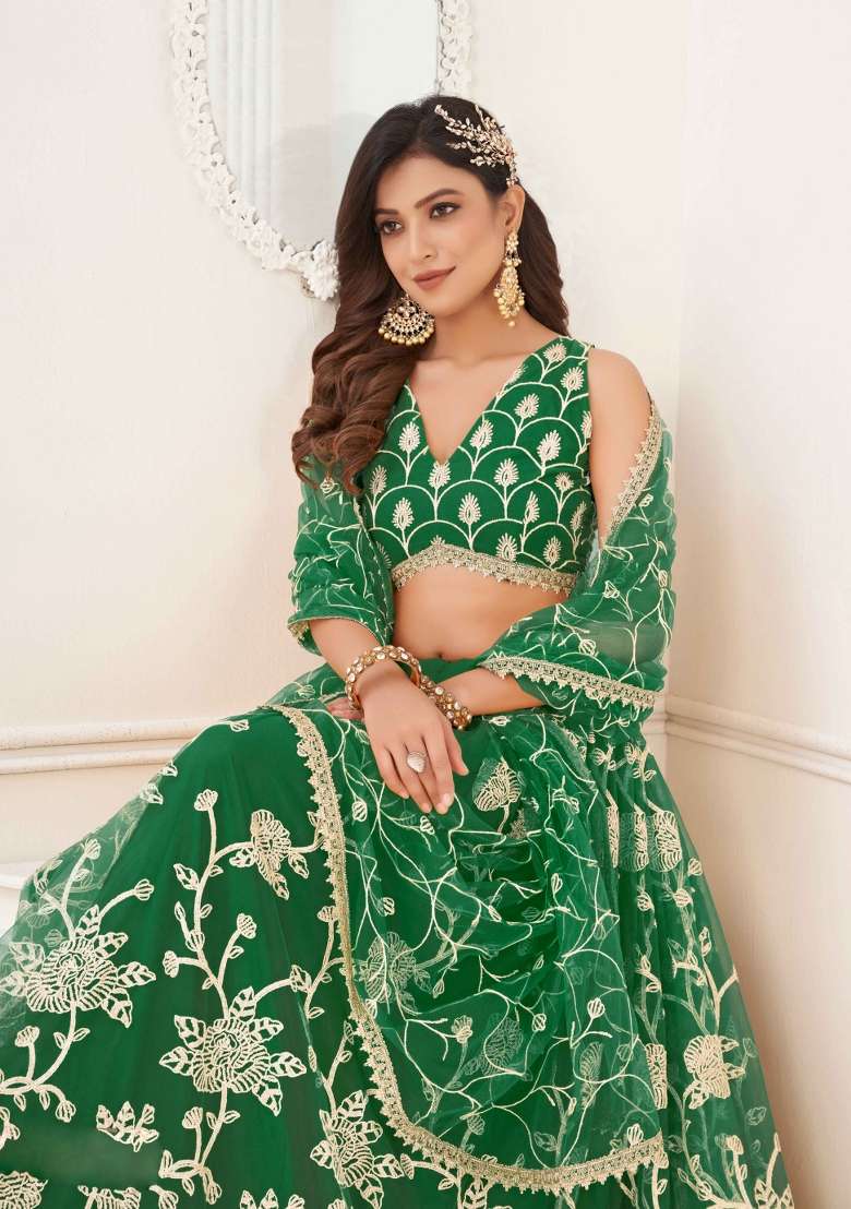 Green Thread Work Net Lehenga Set for Diwali and Festive Wear - Indya