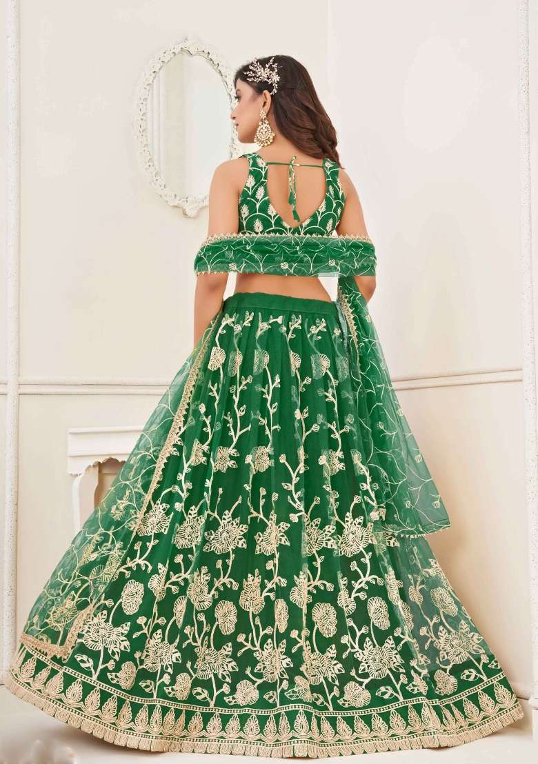 Green Thread Work Net Lehenga Set for Diwali and Festive Wear - Indya