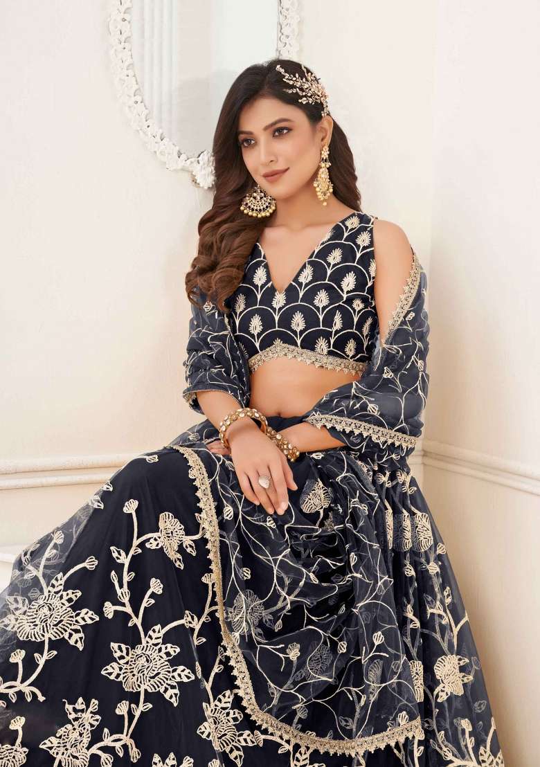 Blue Thread Work Net Lehenga Set for Diwali and Festive Wear - Indya