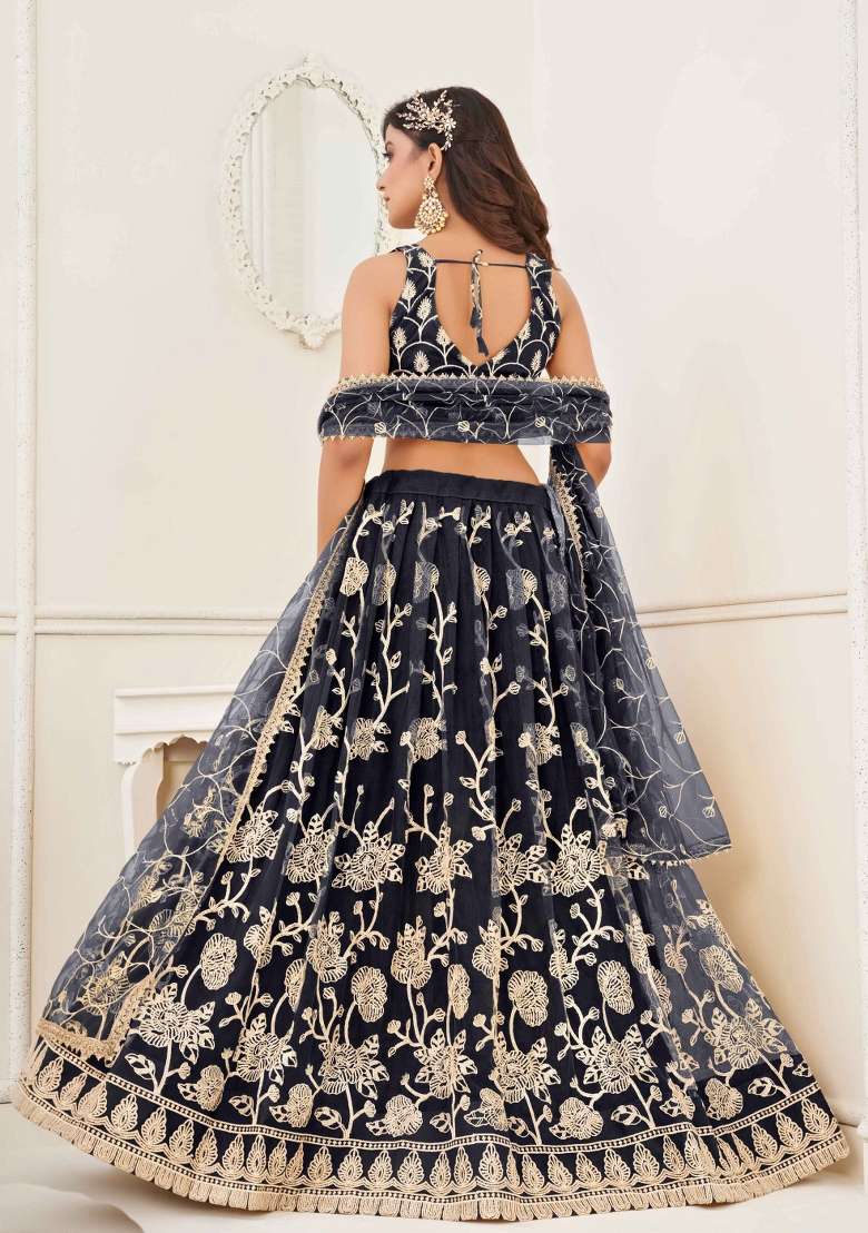 Blue Thread Work Net Lehenga Set for Diwali and Festive Wear - Indya