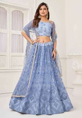 Blue Thread Work Net Lehenga Set for Diwali and Festive Wear