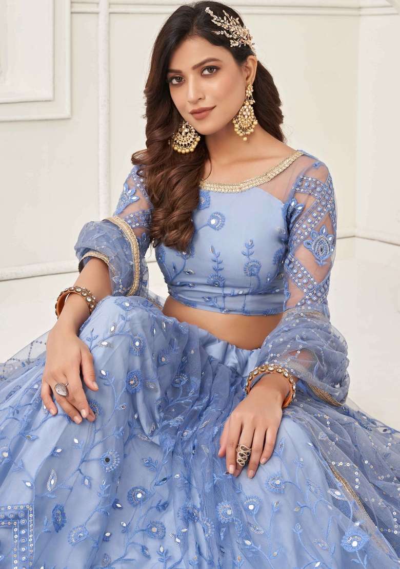 Blue Thread Work Net Lehenga Set for Diwali and Festive Wear - Indya