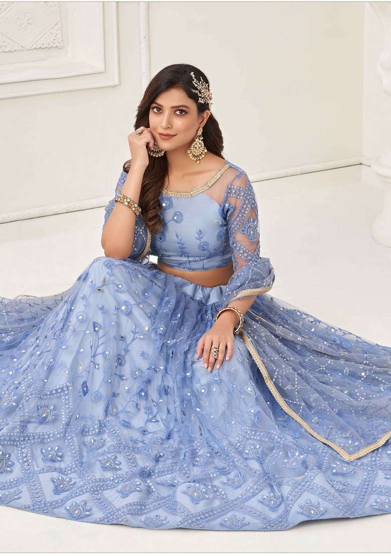 Blue Thread Work Net Lehenga Set for Diwali and Festive Wear - Indya