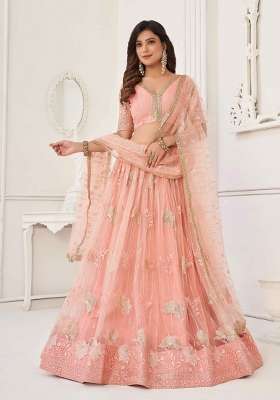 Peach Net Lehenga Set with Thread Work for Diwali | Wedding & Festive Wear
