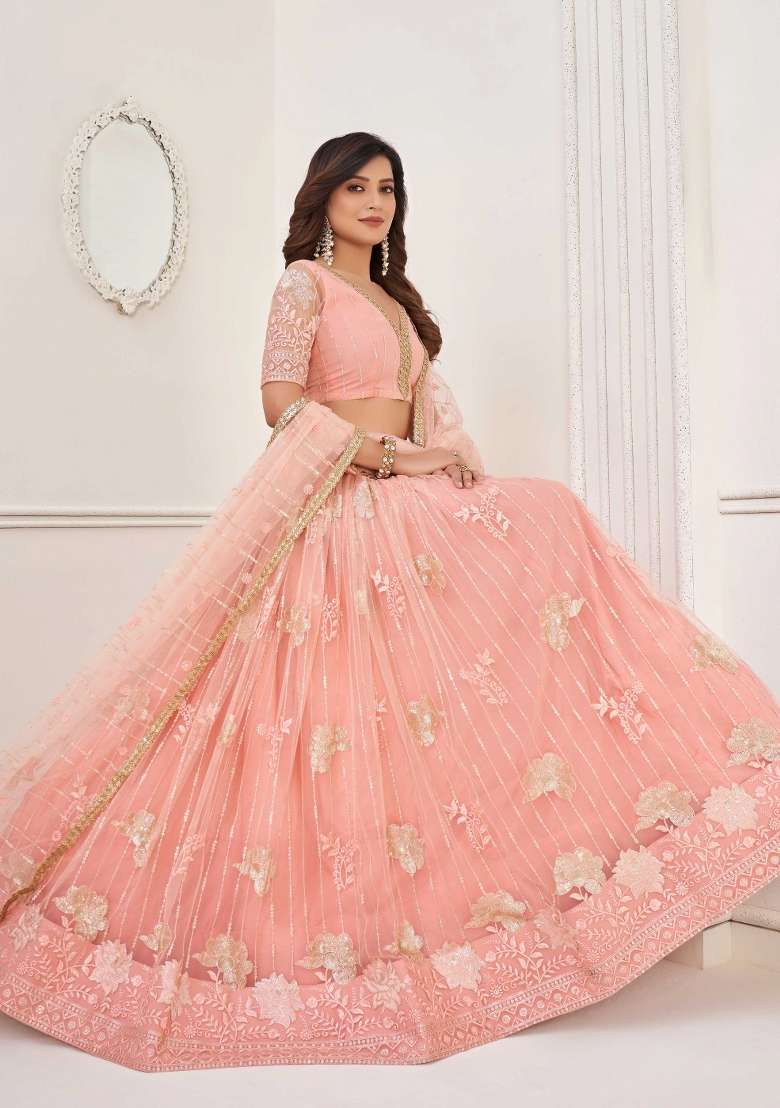 Peach Net Lehenga Set with Thread Work for Diwali | Wedding & Festive Wear - Indya