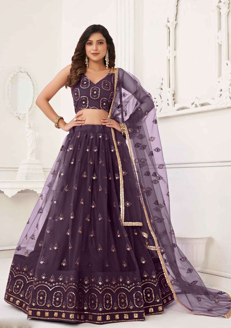 White Thread Work Net Lehenga Set for Diwali and Festive Wear - Indya