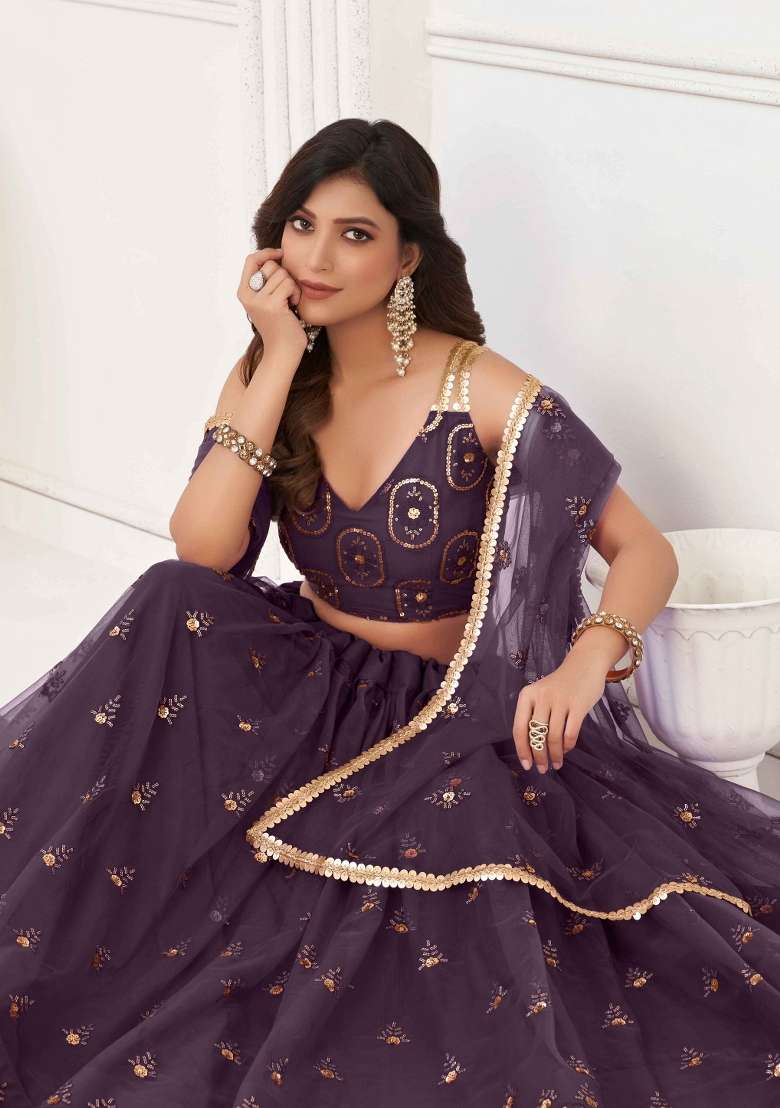 White Thread Work Net Lehenga Set for Diwali and Festive Wear - Indya
