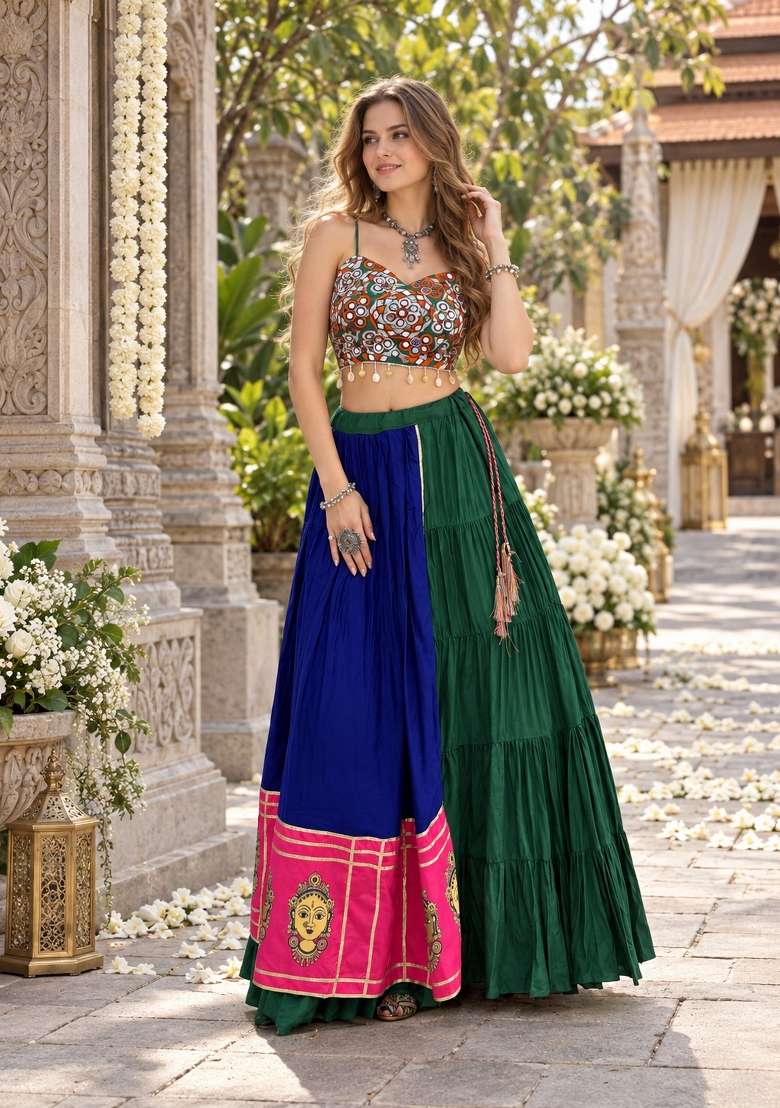Blue Embroidery Rayon Lehenga Set for Diwali and Festive Wear - Indya