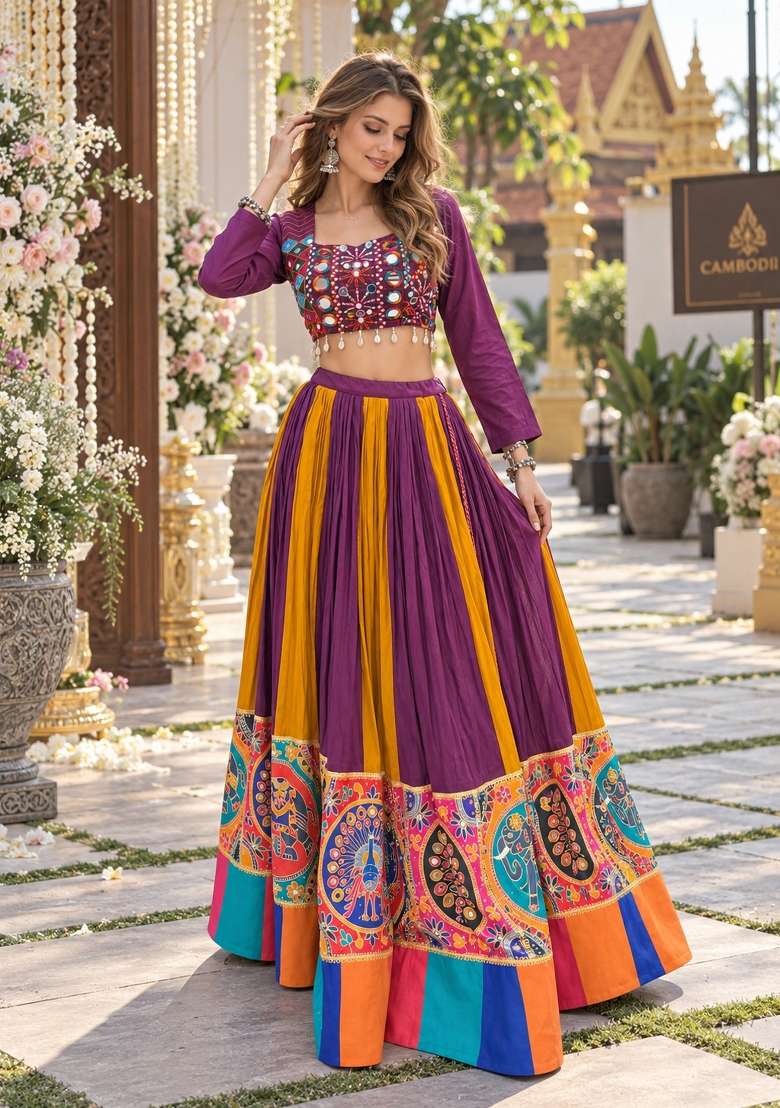 Wine Embroidery Rayon Lehenga Set for Diwali and Festive Wear - Indya