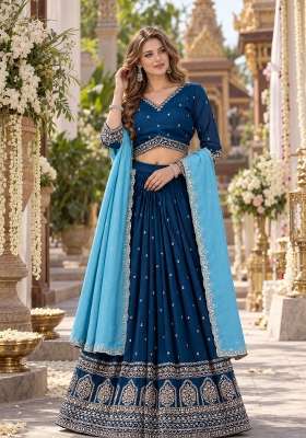 Navy Blue Silk Lehenga Set with Thread Work for Diwali | Wedding & Festive Wear