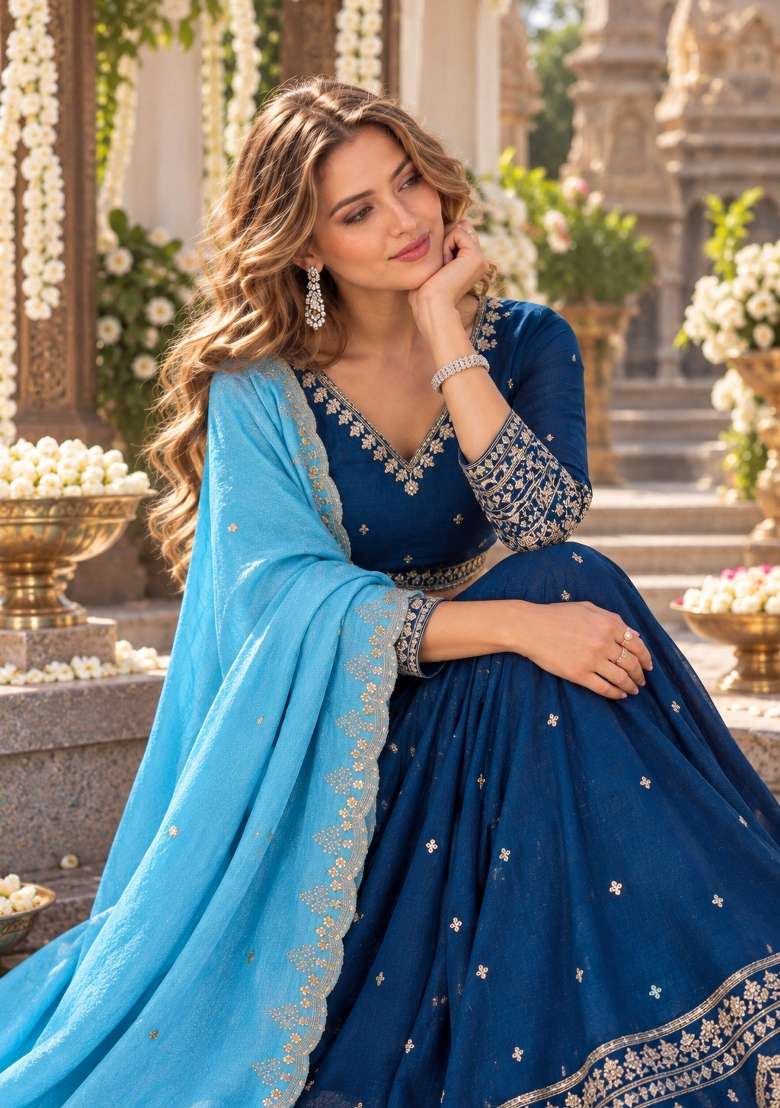 Navy Blue Silk Lehenga Set with Thread Work for Diwali | Wedding & Festive Wear - Indya