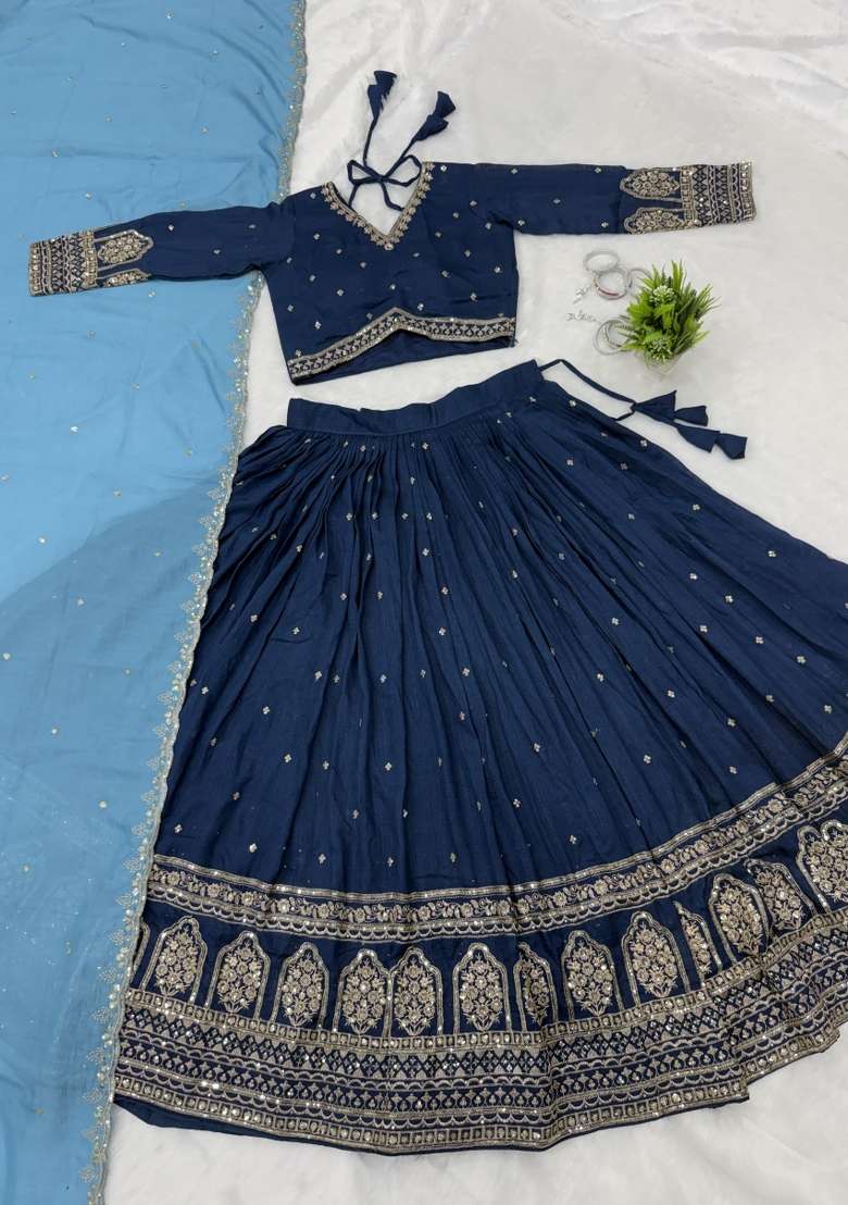 Navy Blue Silk Lehenga Set with Thread Work for Diwali | Wedding & Festive Wear - Indya