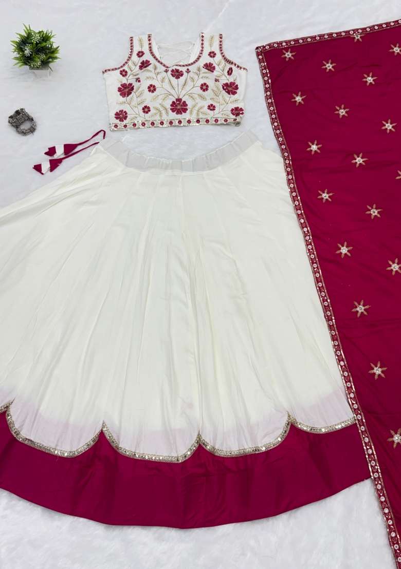 Rani Pink Cotton Lehenga Set with Thread Work for Diwali | Wedding & Festive Wear - Indya