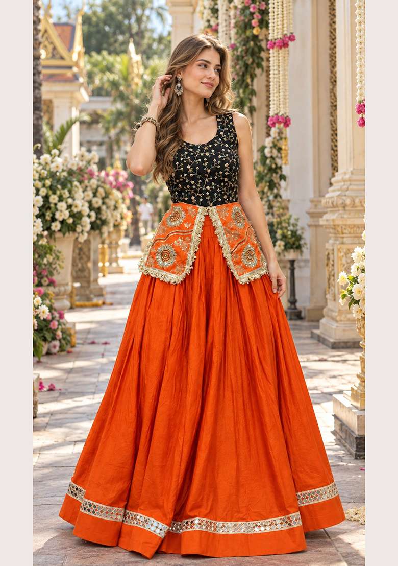 Orange Thread Work Cotton Lehenga Set for Diwali and Festive Wear - Indya