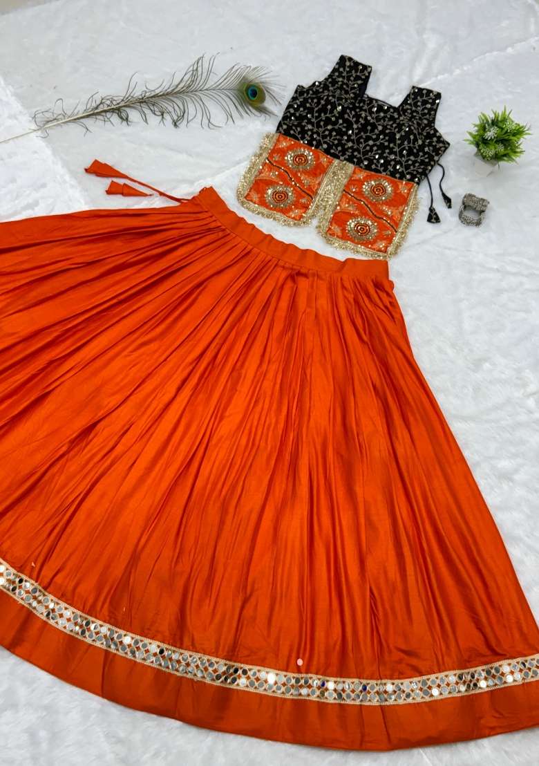 Orange Thread Work Cotton Lehenga Set for Diwali and Festive Wear - Indya