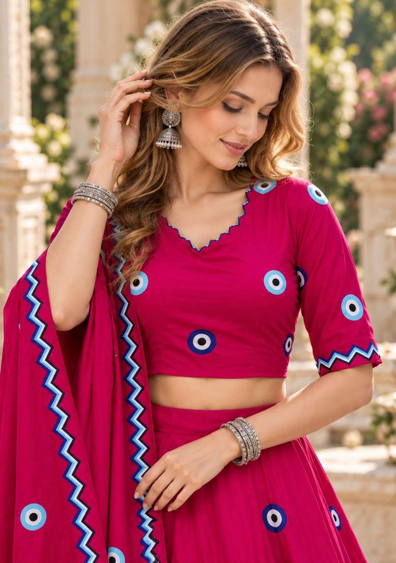 Rani Pink Cotton Lehenga Set with Thread Work for Diwali | Wedding & Festive Wear - Indya