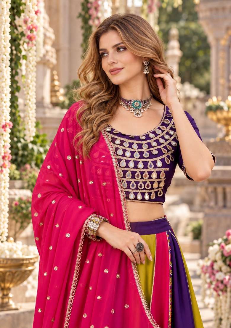 Multicolor Cotton Lehenga Set with Mirror Work for Diwali | Wedding & Festive Wear - Indya