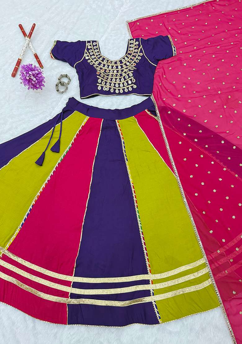 Multicolor Cotton Lehenga Set with Mirror Work for Diwali | Wedding & Festive Wear - Indya