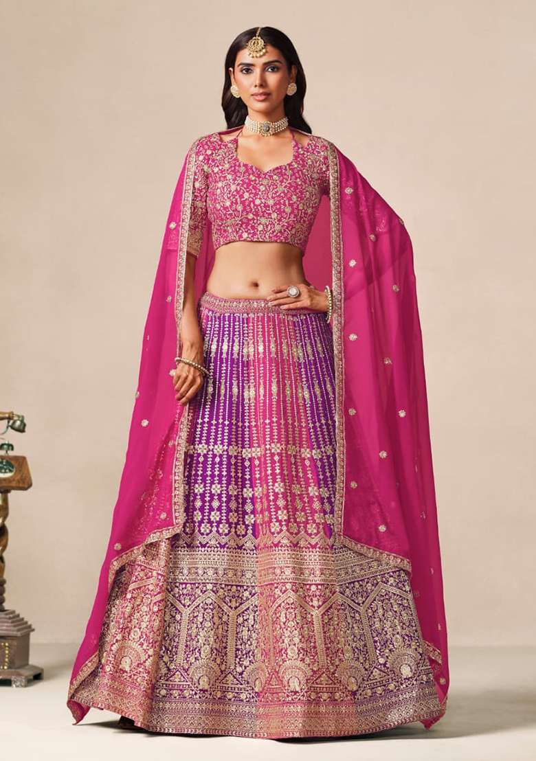 Rani Pink Embroidery Georgette Lehenga Set for Diwali and Festive Wear - Indya