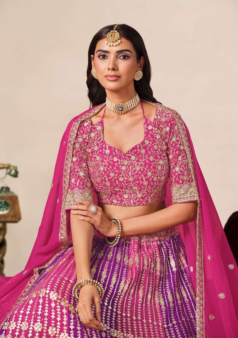 Rani Pink Embroidery Georgette Lehenga Set for Diwali and Festive Wear - Indya