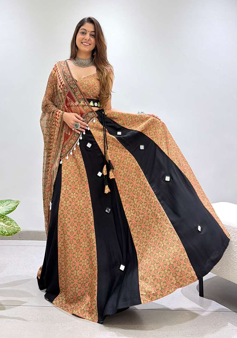 Olive Embroidery Rayon Lehenga Set for Diwali and Festive Wear - Indya