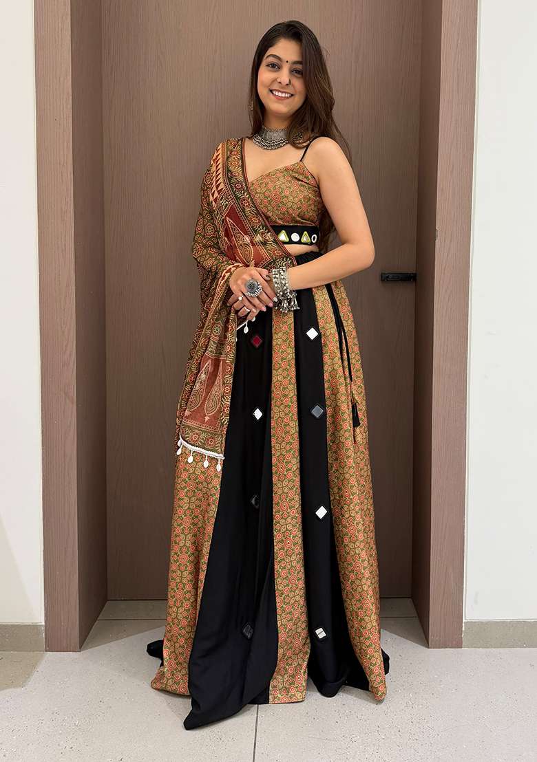 Olive Embroidery Rayon Lehenga Set for Diwali and Festive Wear - Indya