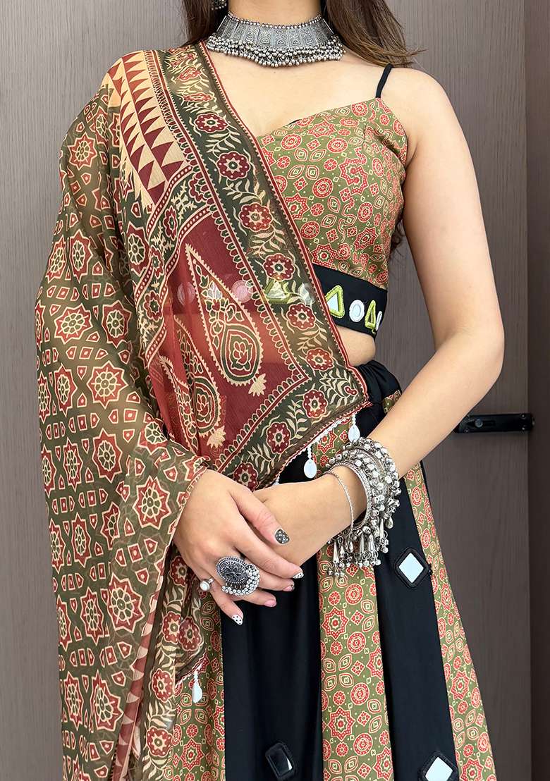 Olive Embroidery Rayon Lehenga Set for Diwali and Festive Wear - Indya